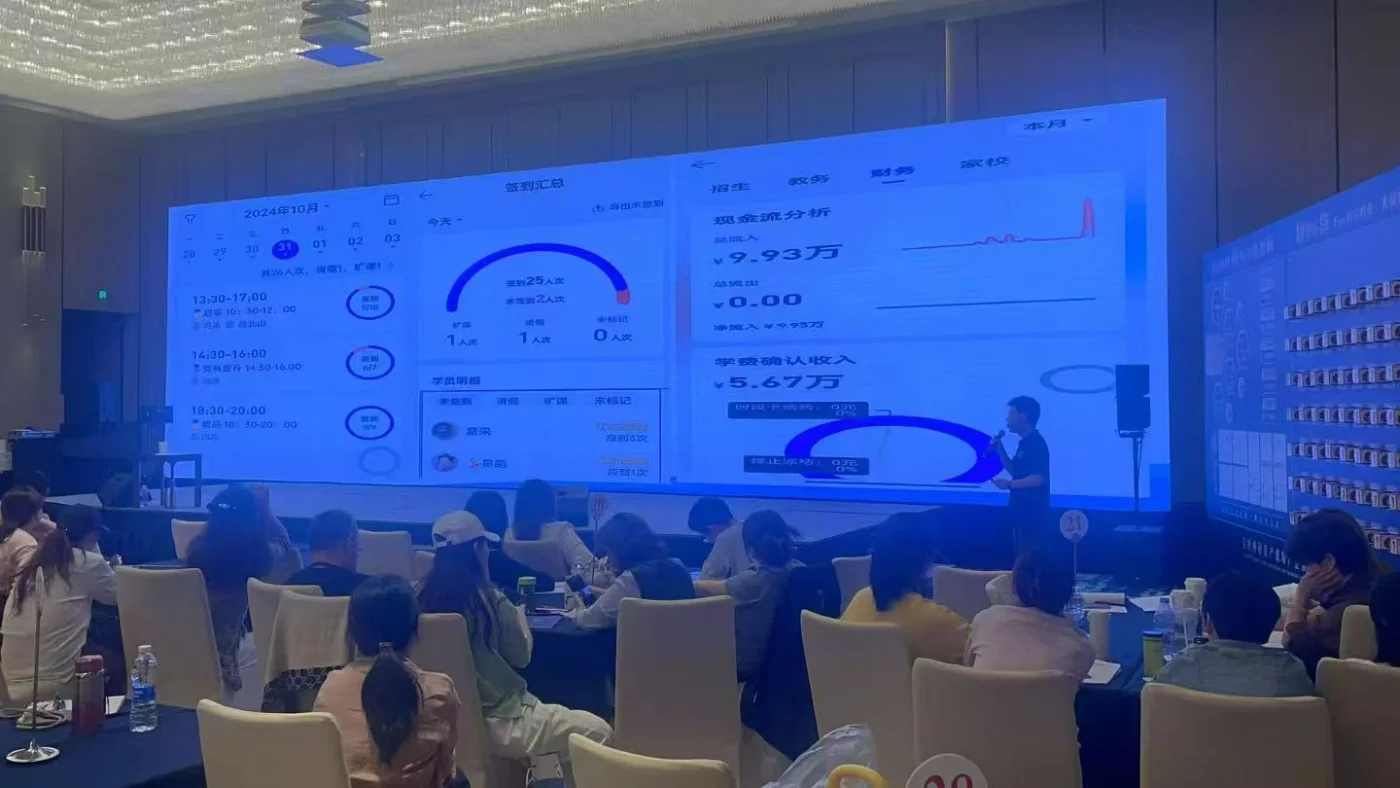 满班系统在教育行业交流活动中演示签到课消和数据分析功能